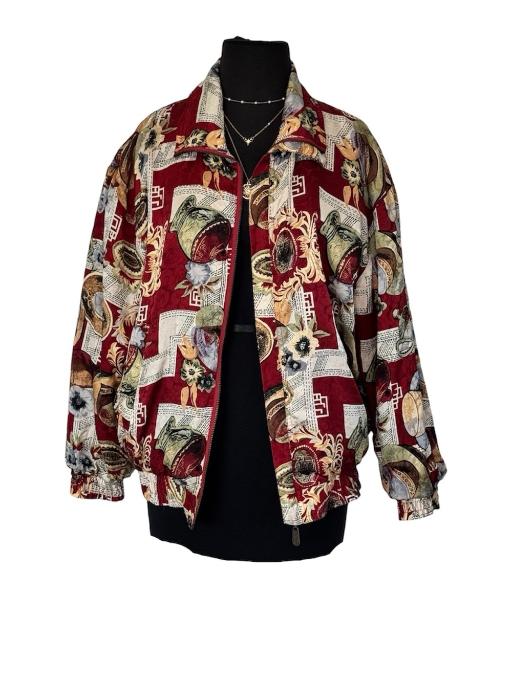 Women FUDA International Silk Bomber Jacket Small Vintage Burgundy/Multicolor